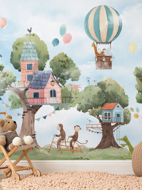 Papier peint animaux volants mignons cabane arbre chambre bébé