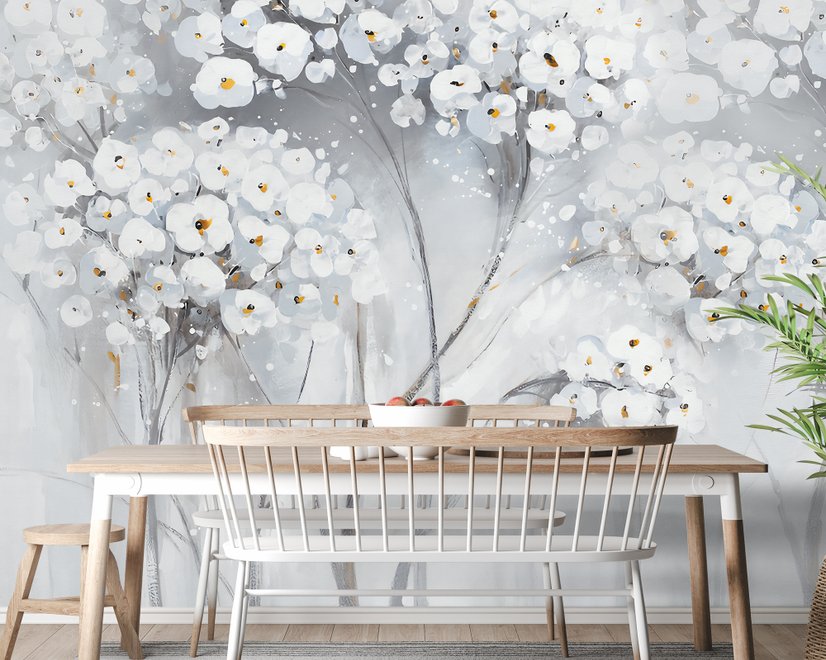 Papier peint panoramique peinture aquarelle avec fleurs blanches