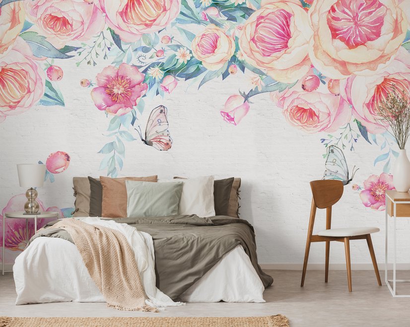 Vintage Aquarell Rosa Blumen Fototapete