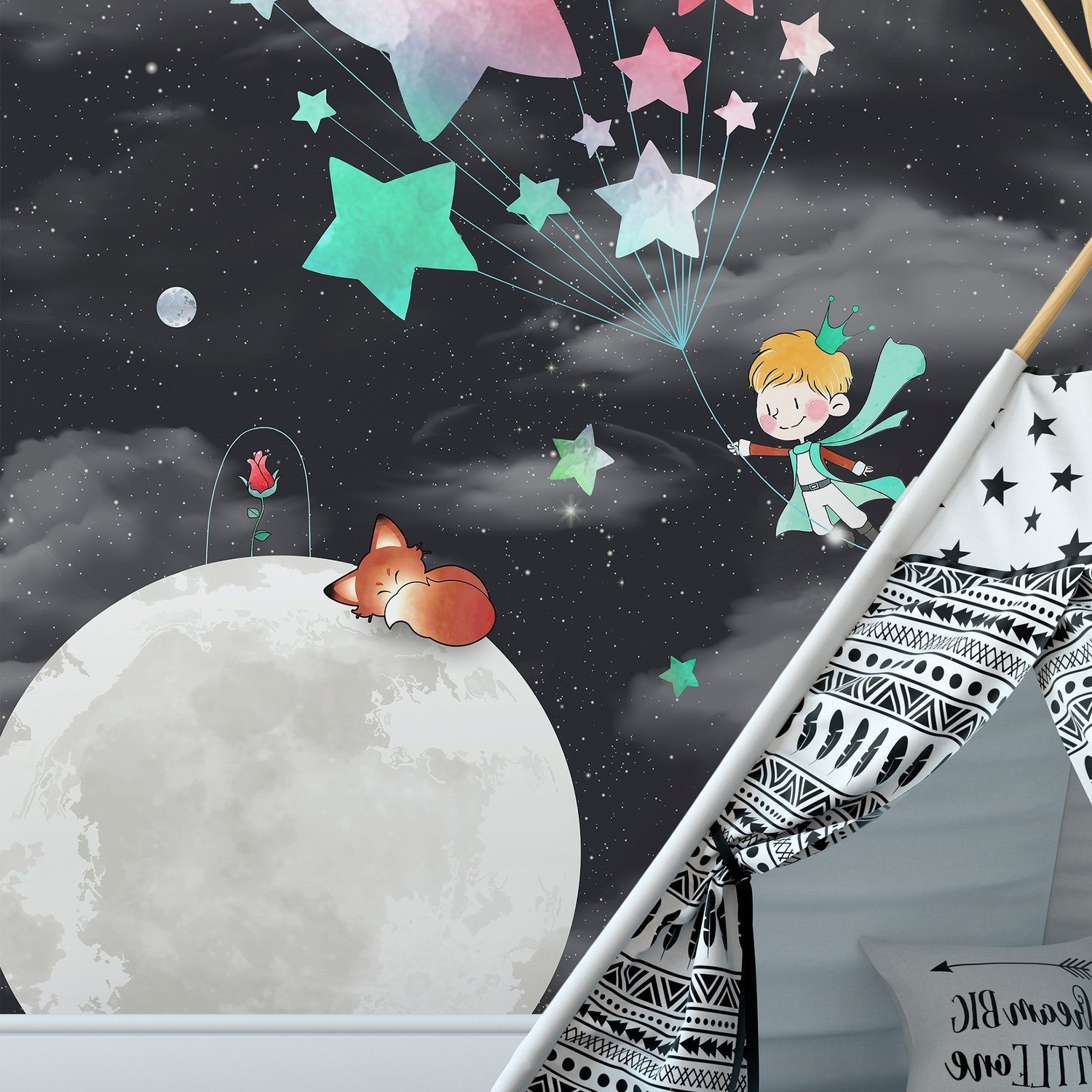 Little Prince and Moon with Watercolor Stars Wallpaper Mural - Peel and Stick