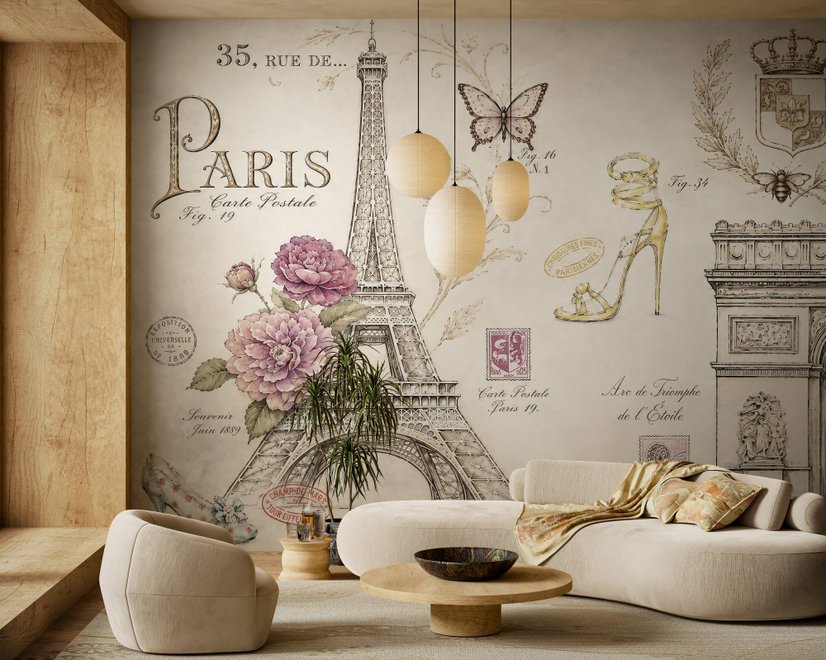 Colorful Drawing Eiffel Tower Wallpaper Mural