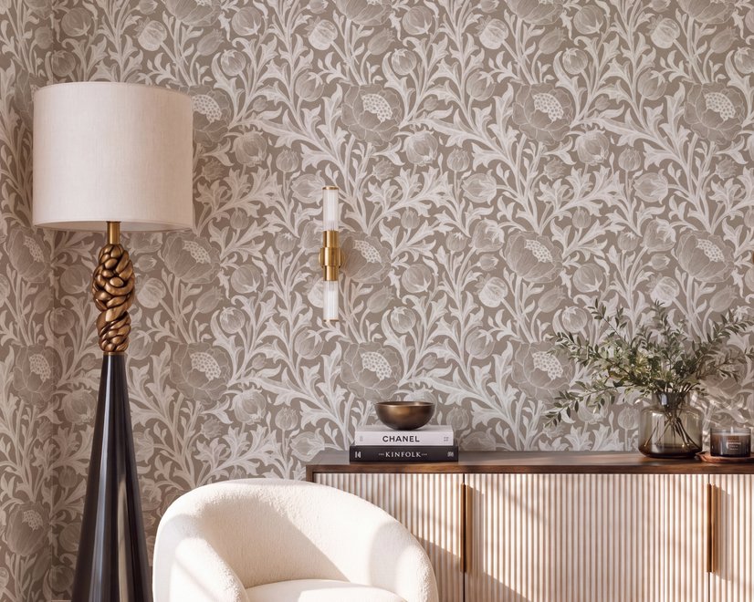 Greige botanical wallpaper with white watercolour flowers, buds, seed heads and acanthus leaves