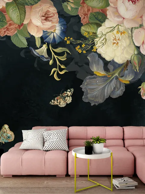 Peinture à l'huile vintage Roses foncées Papier peint panoramique