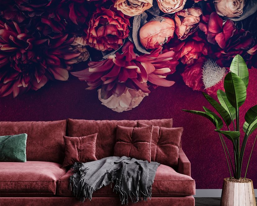 Papier peint bouquet de dahlia rouge et rose