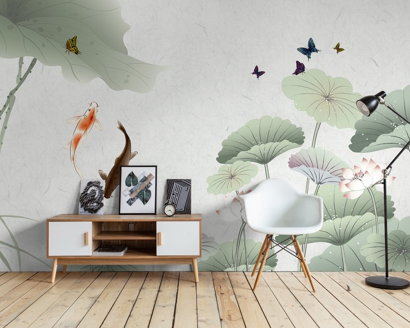 Papier peint panoramique aquarelle fleur de lotus et papillons