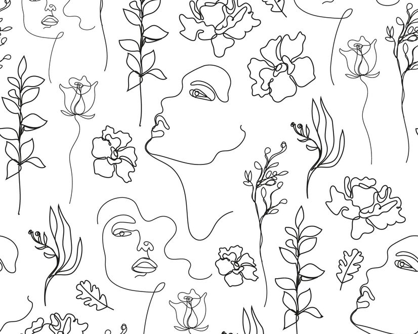 Papier peint visage de femme doux avec dessin floral