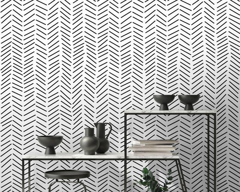 Modern Herringbone Line Black and White  Wallpaper Mural