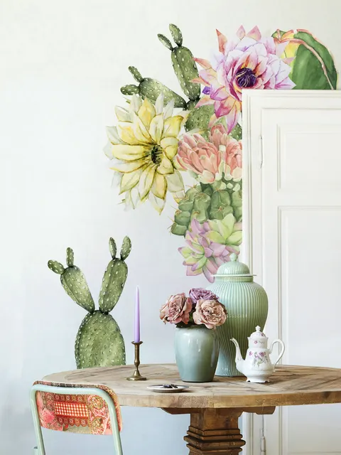 Watercolor Pink Yellow Cactus Florals Wall Decal Sticker