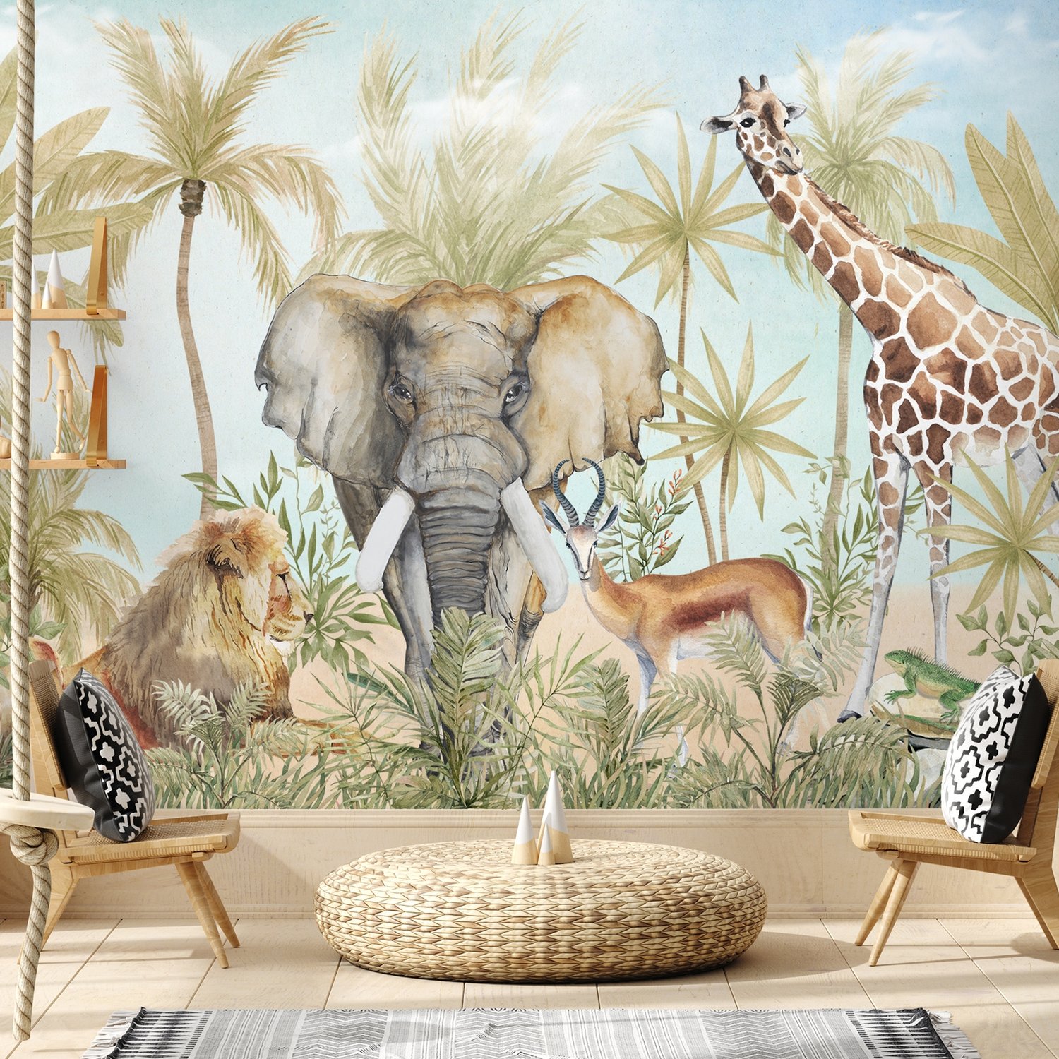 Watercolor Safari Animals in Forest Wallpaper Mural - Peel and Stick