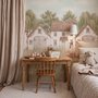 Watercolour farmhouse animal wall mural with cottages, horse, cow, tractor and wheat meadow