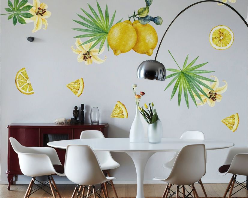 Yellow Lemon with Lily Florals Wall Decal Sticker