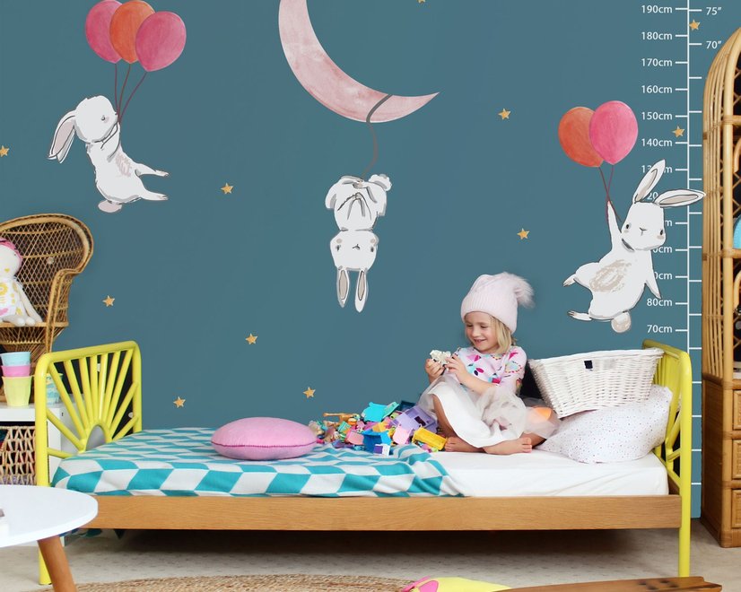 Stickers muraux lapins cartoon ballons colorés lune enfants