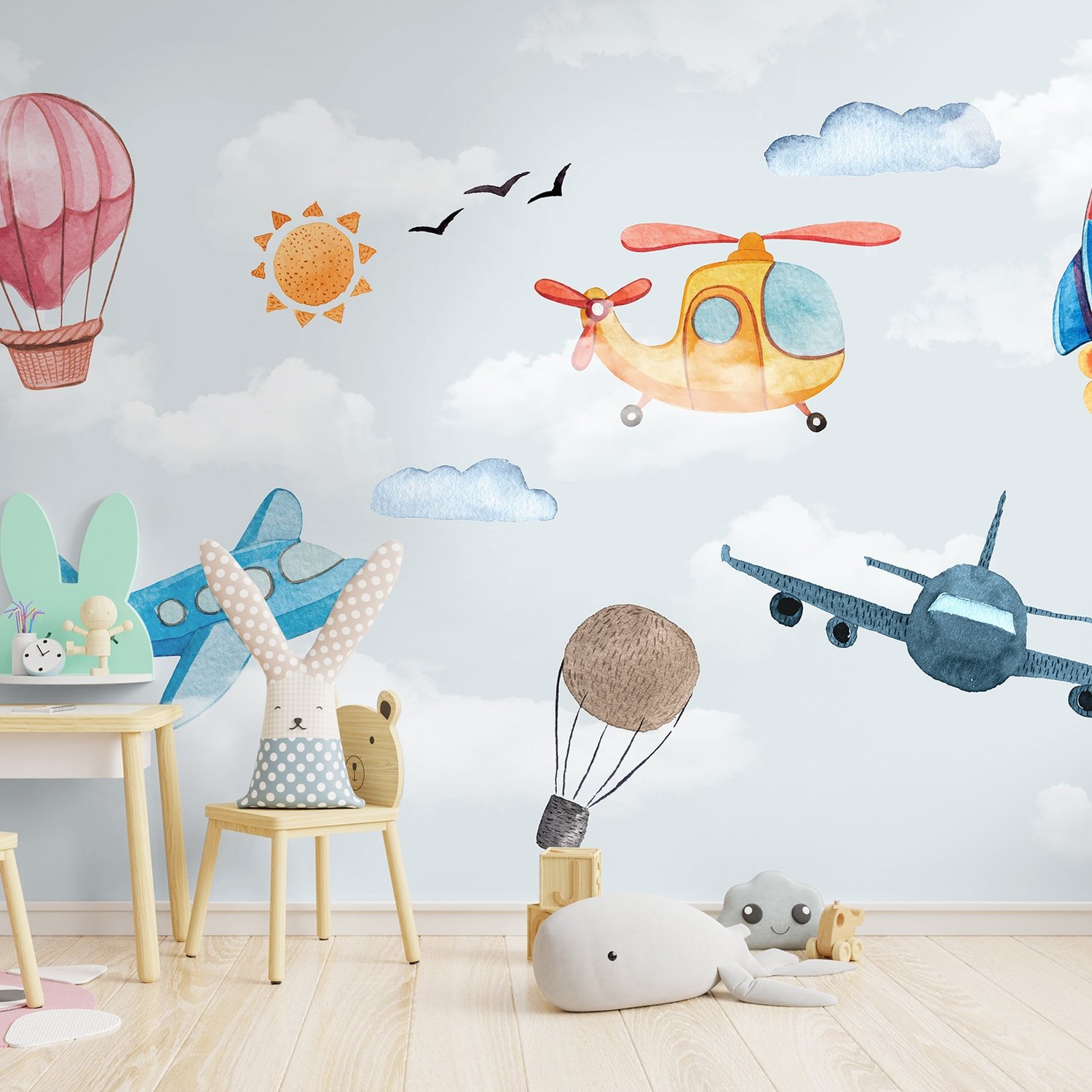 Cartoon Aircraft and Pink Hot Air Balloon Wallpaper Mural - Peel and Stick
