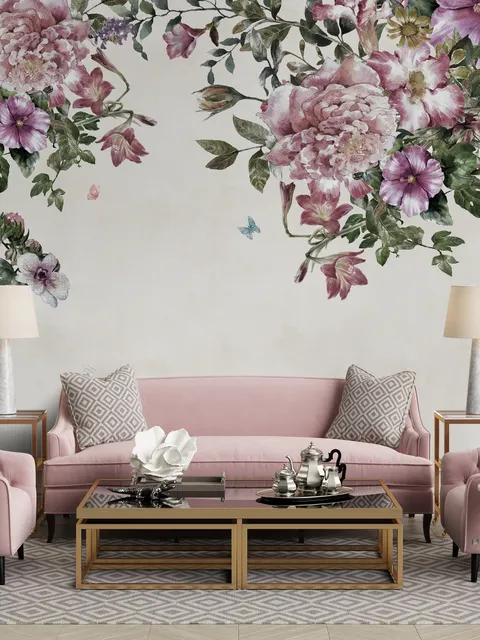 Papier peint panoramique vintage et floral rose