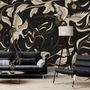 Dark Crane Birds and Brown Retro Florals Wallpaper Mural