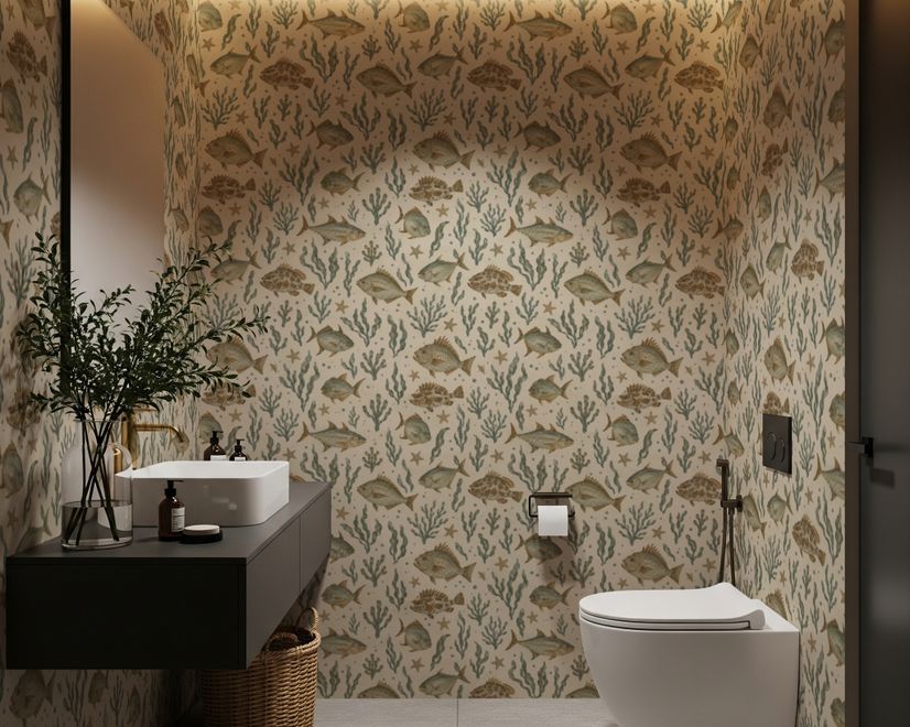 Watercolour fish wallpaper with sage seaweed, coral and starfish on a warm cream background