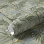 Bamboo oil painting wallpaper with olive leaves and ochre canes on a soft blue-grey ground
