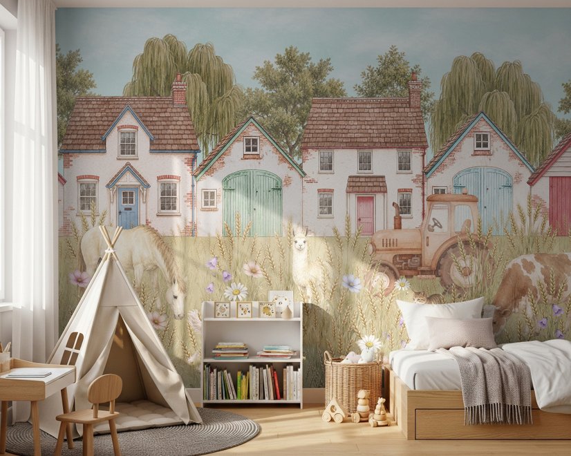 Watercolour rustic farmhouse wallpaper mural with horse, cow, llama, dog, tractor and cottage barns in a wheat meadow