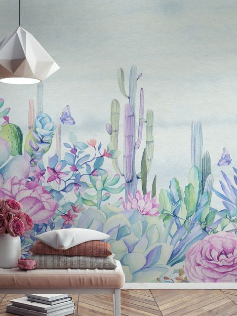 Vintage Hydrangea Flowers and Cactuses Wallpaper Mural