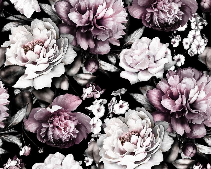 Papier peint panoramique vintage foncé avec fleurs de pivoine
