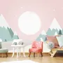 Kids Mountainscape with Cute Bears and Pink Skyscape Wallpaper Mural