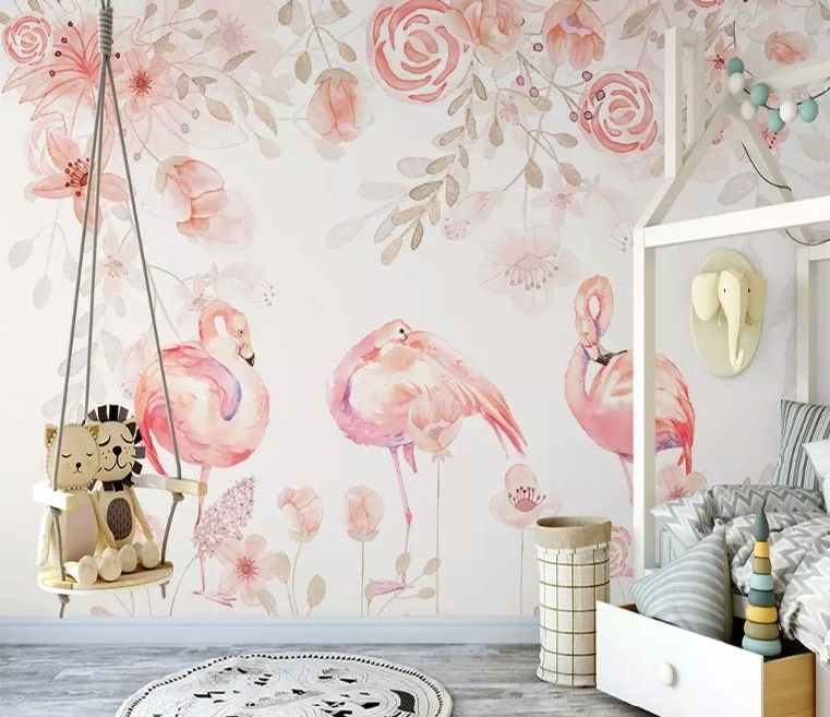 Papier peint panoramique flamants roses et fleurs roses