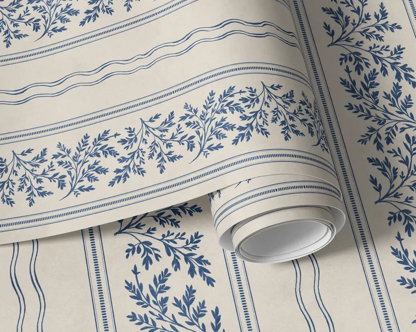 Blue wallpaper with indigo botanical stripework, pinstripes and dotted borders on warm cream parchment