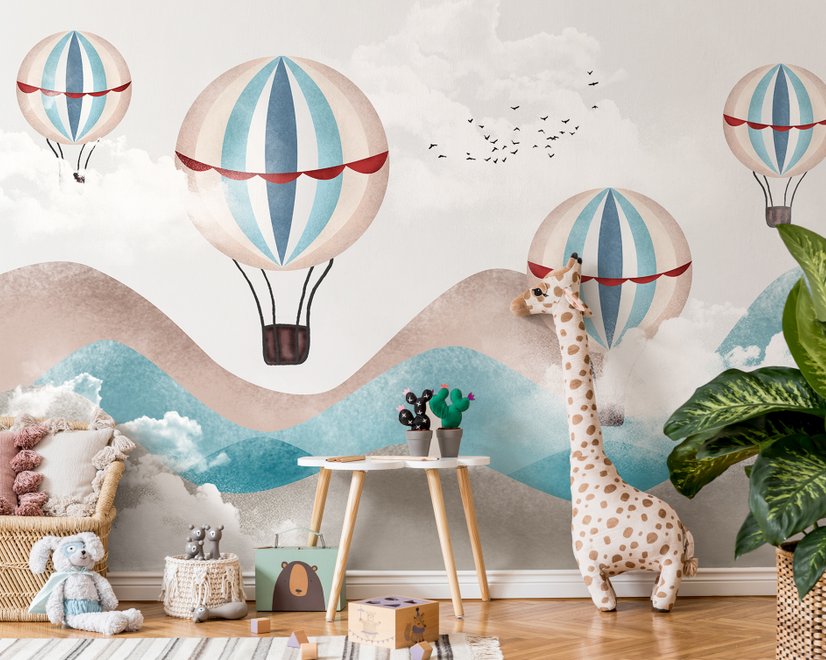 Papier peint montagnes bleues marron montgolfière enfants