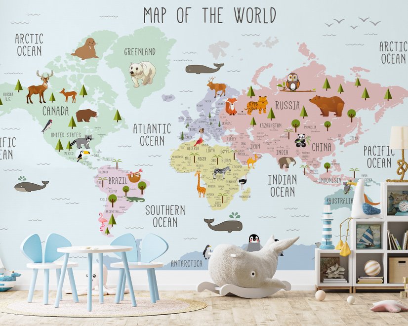  Carte  éducatif en Anglais - Papier peint carte du monde éducative avec animaux pour enfants et bébé