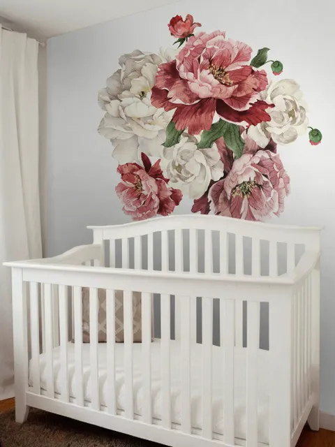 Vintage Red White Peony and Rose Floral Bouqets Wall Decal Sticker