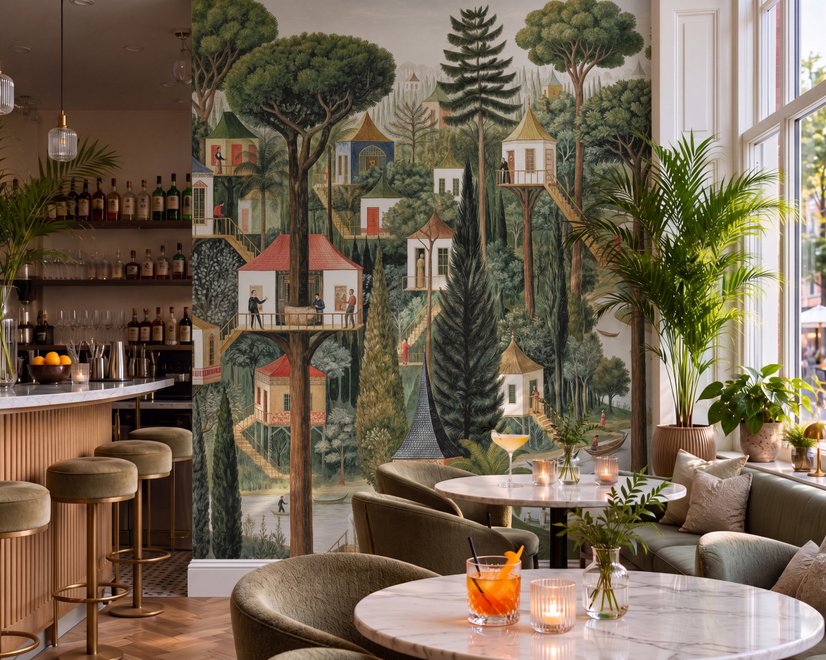 Architectural design wallpaper mural of forest treehouses, rivers, boats and small figures in green watercolour