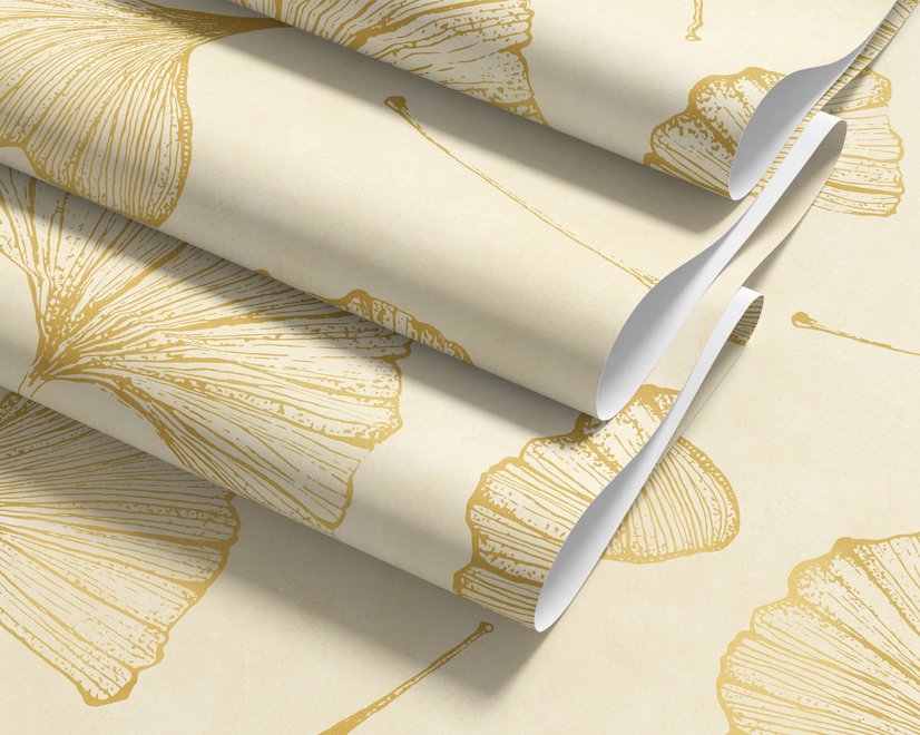 Ginkgo leaf wallpaper with ochre-gold linework on warm ivory and cream parchment ground