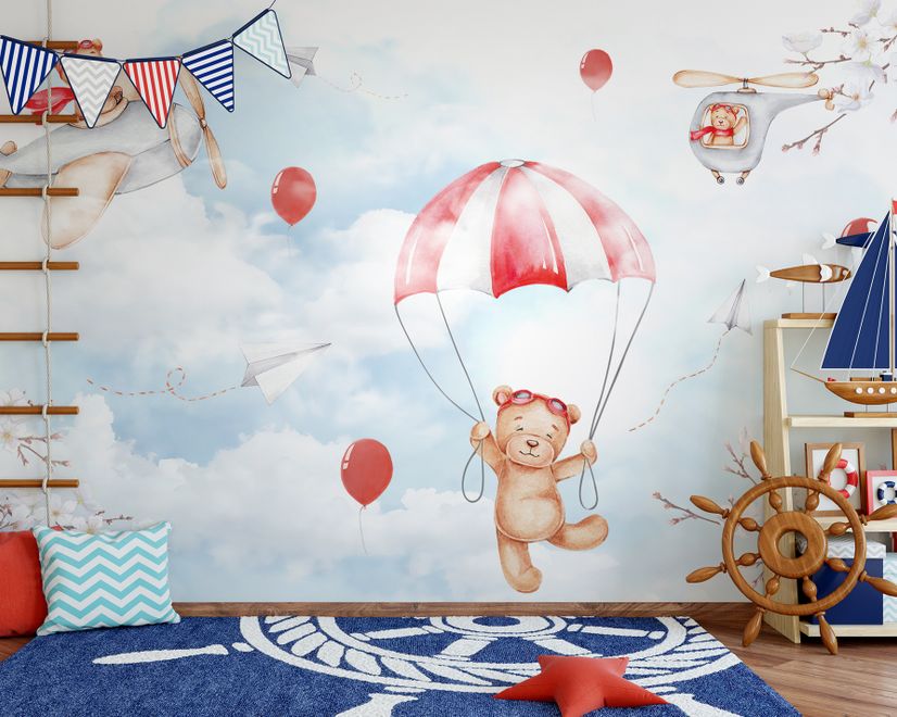 Cute Bear Flying with Paper Planes Wallpaper Mural