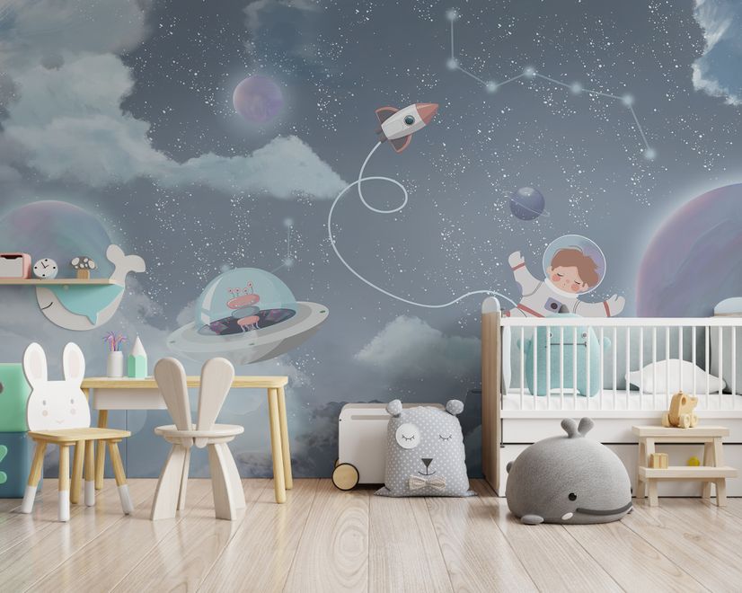 Papier peint panoramique de l'espace pour garçons - Planètes brillantes et astronautes