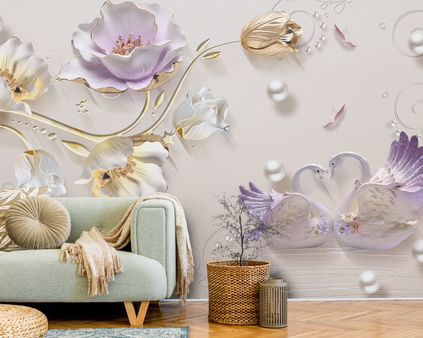 3D-Prägedesign Tulpenblüten mit Schwan Fototapete