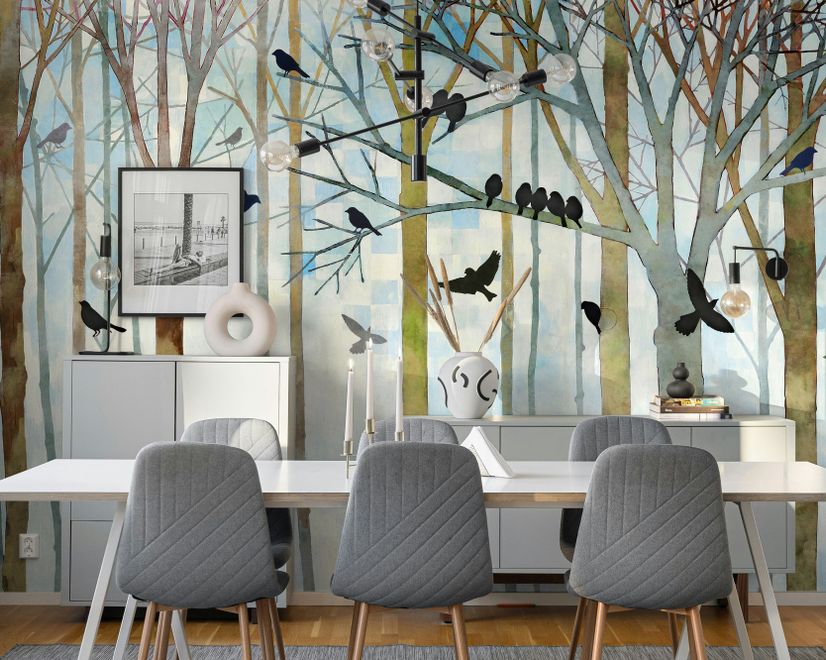Vintage Abstract Forest and Black Bird Wallpaper Mural