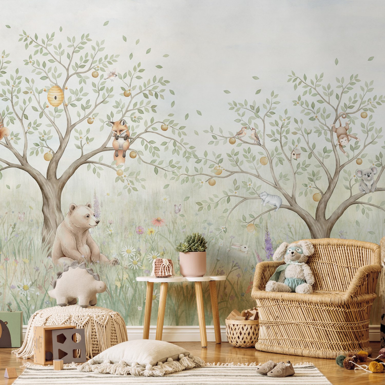 Kids Soft Pastel Forest Animals Wallpaper Mural - Peel and Stick