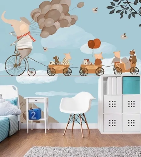 Elephant on Bicycle with Cute Animals Wallpaper Mural