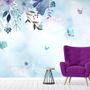 Blue Purple Floral with Little Butterfly Wallpaper Mural