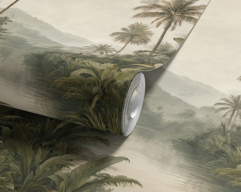 Misty tropical forest wallpaper with palms, pale river and hazy hills in muted green sepia