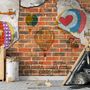 Hot Air Balloon with Young People on Brick Wallpaper Mural