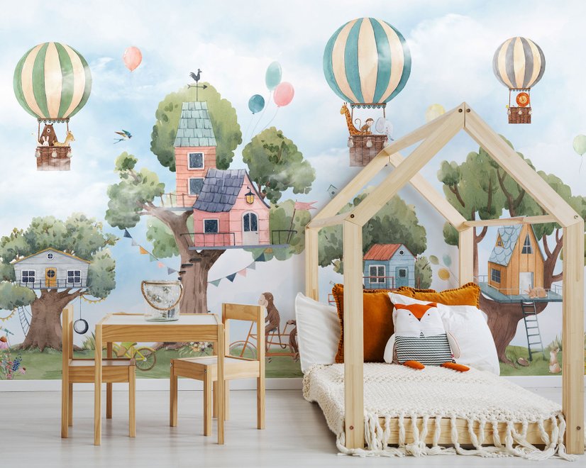 Niedliche fliegende Tiere mit Baumhaus für Kinderzimmer Fototapete