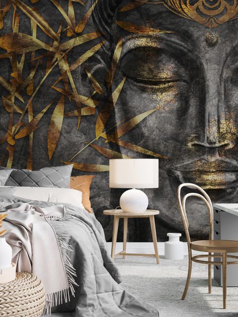 3D-Look Wandtapete mit Beton-Buddha-Gesicht und Blättern
