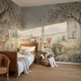 Watercolour woodland wall mural with fawn, rabbits, stone bridge, stream and distant cypress countryside