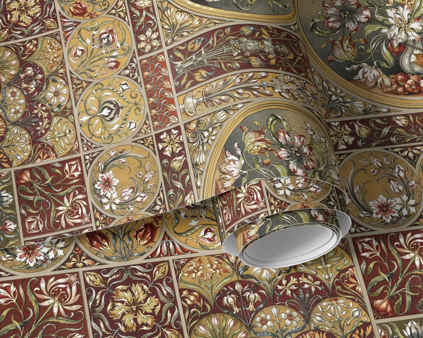 Antique style wallpaper mural with tulip vase medallion, floral tile panels and burgundy borders