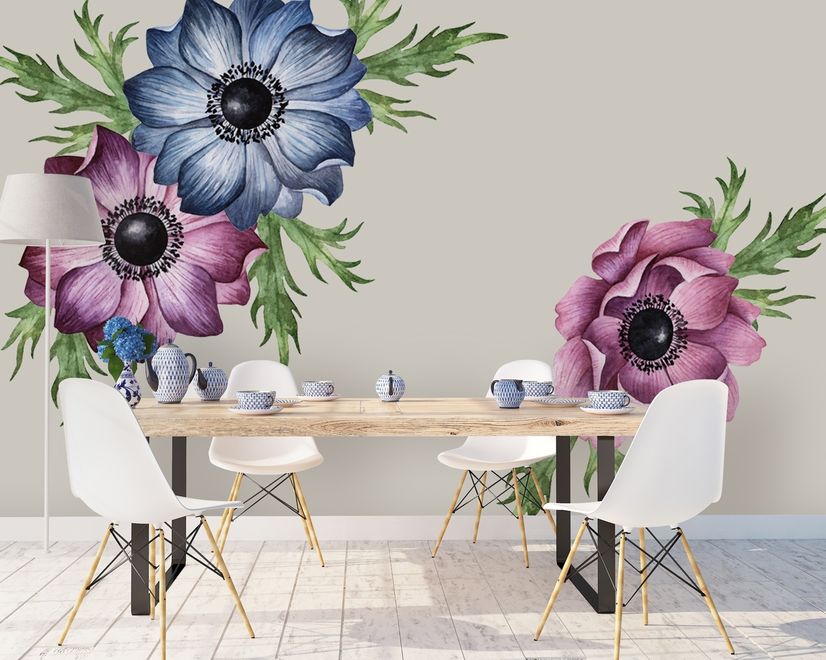 Watercolor Dark Blue Red Anemone Florals Wall Decal Sticker