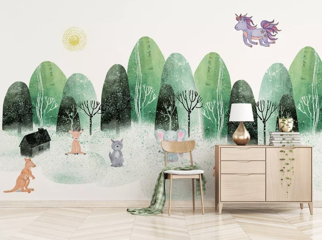 Watercolor Cartoon Trees and Animals Wallpaper Mural - Peel and Stick