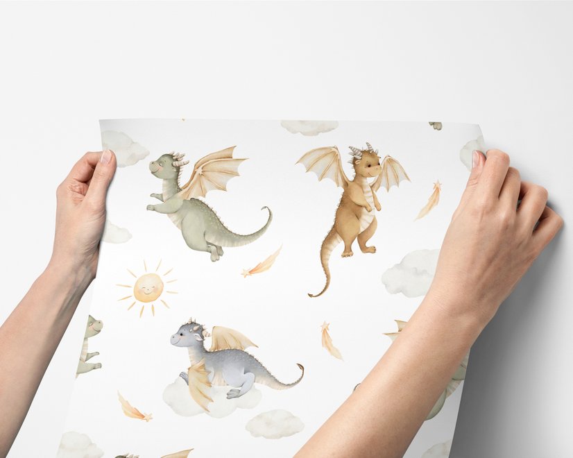 Kids wallpaper with sage, caramel and blue-gray watercolor dragons, clouds, sun and stars on white