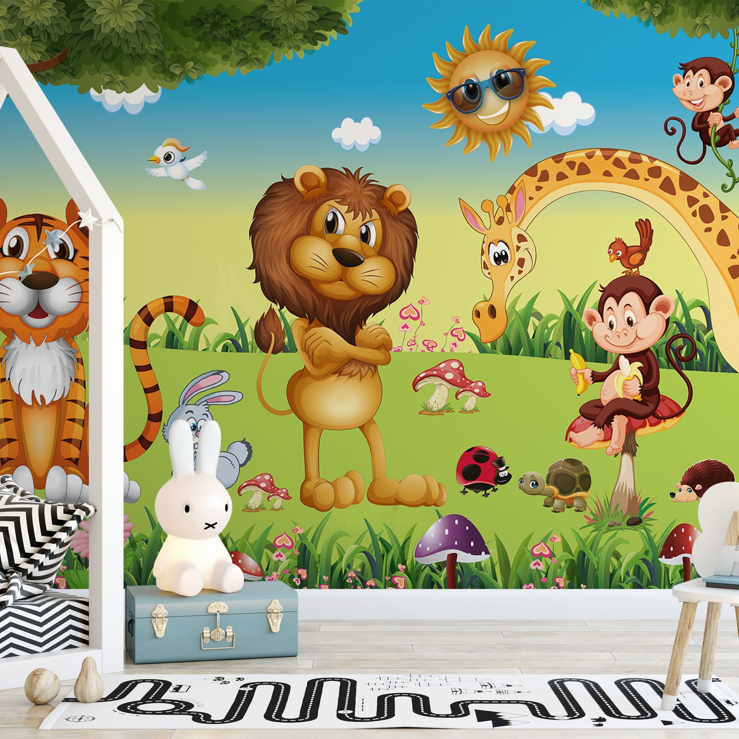 3D Look King Lion and Wild Animals Wallpaper Mural - Peel and Stick