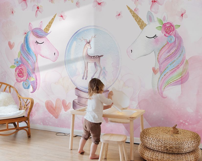 Kids Girls Unicorn with Pink Florals Wallpaper Mural
